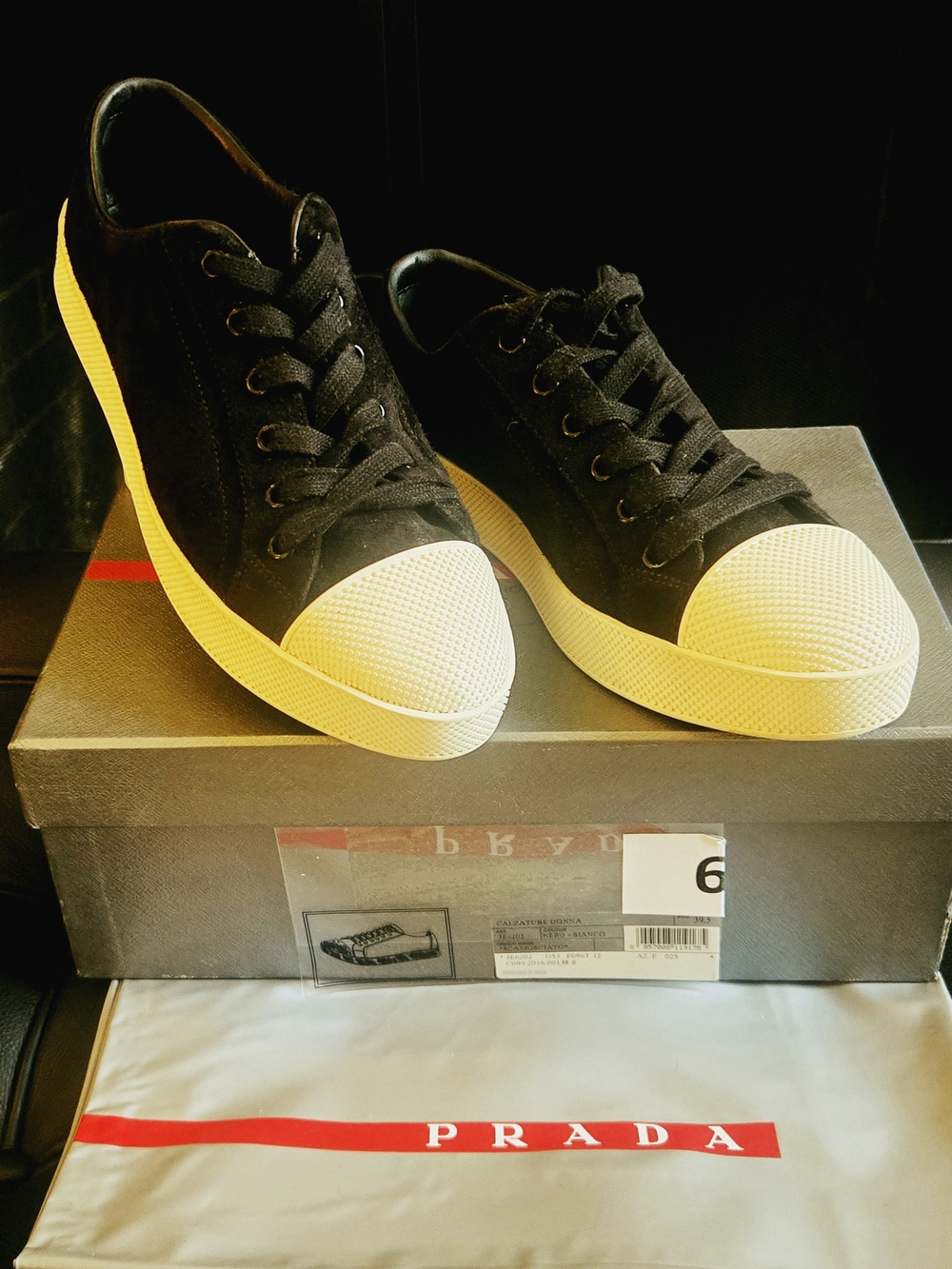 Prada Black Canvas Low-Top Sneakers, White Cream Textured Toe US 9.5 / EU 39.5